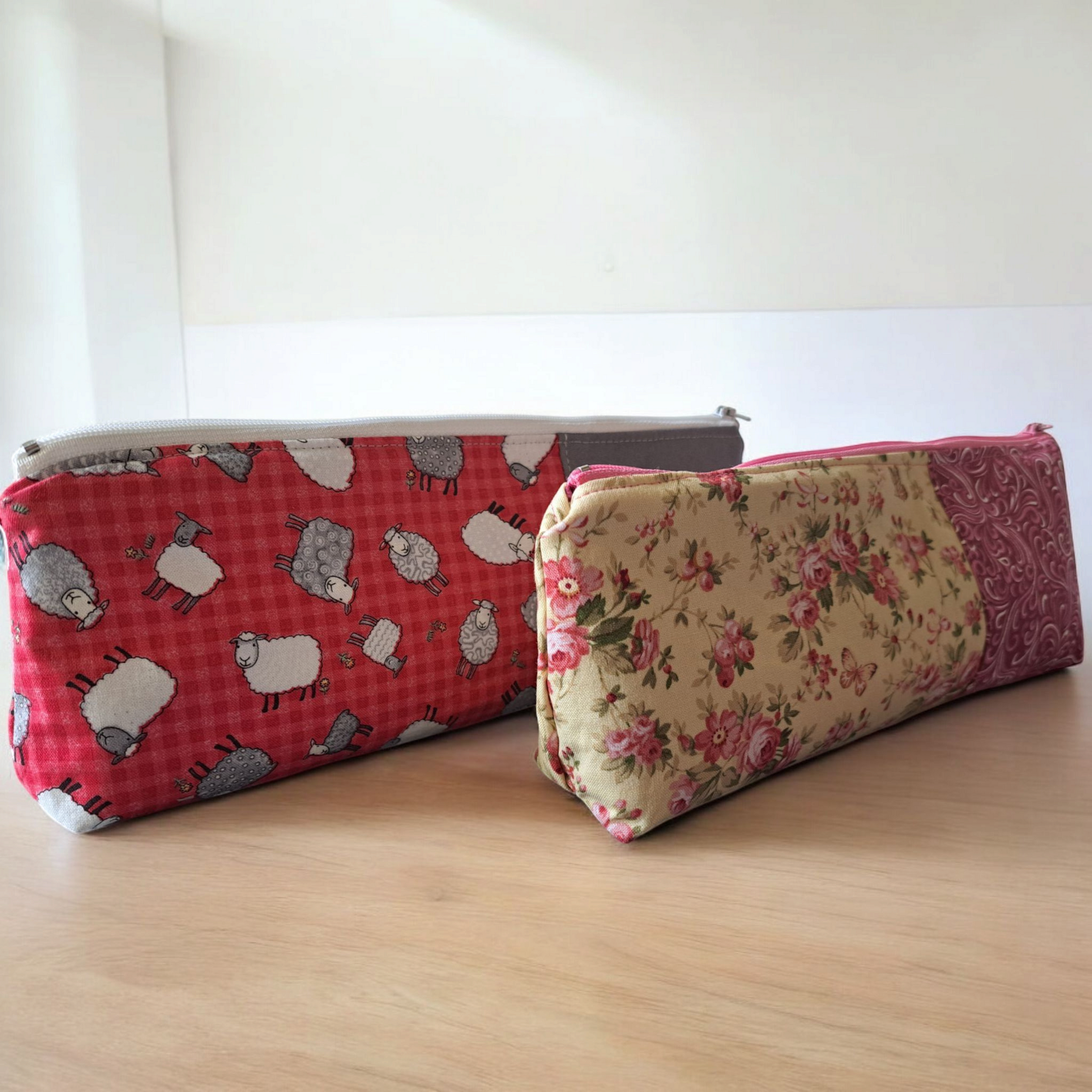 Sheep or Pink Roses - Pencil Pouch - silver makeup bag, dog bandana, handmade pot holders, Scrunchies, pink makeup bag, Sachet, green cosmetic bag, make up bag green - Frances Farm & Craft, LLC