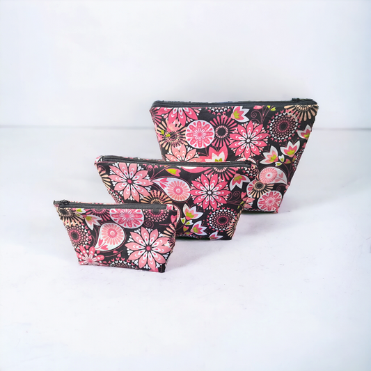 Pink Flowers - Makeup Bag/ Cosmetic Pouch (Different Sizes) - silver makeup bag, dog bandana, handmade pot holders, Scrunchies, pink makeup bag, Sachet, green cosmetic bag, make up bag green - Frances Farm & Craft, LLC