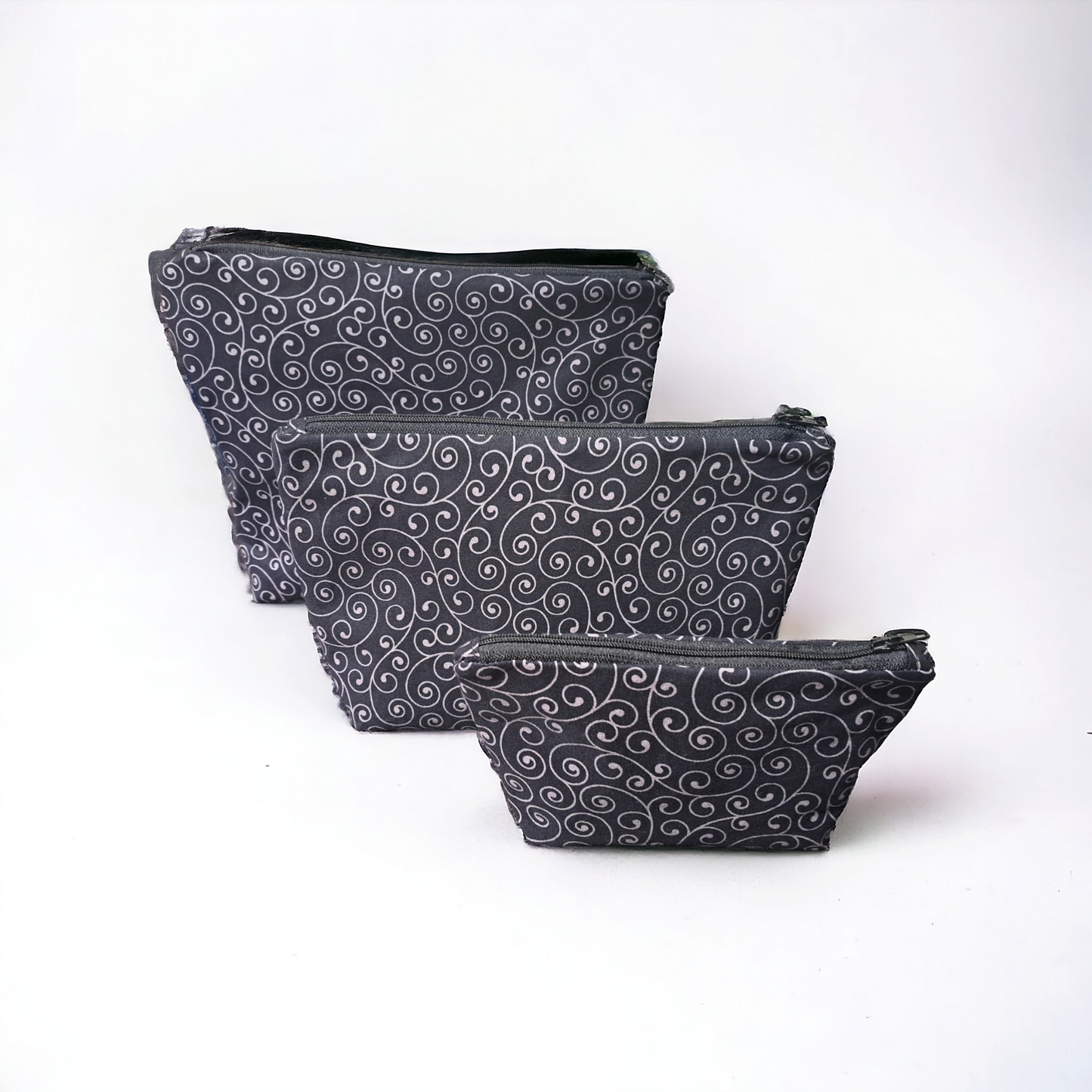 Black with Silver Swirls - Makeup Bag/ Cosmetic Pouch (Different Sizes) - silver makeup bag, dog bandana, handmade pot holders, Scrunchies, pink makeup bag, Sachet, green cosmetic bag, make up bag green - Frances Farm & Craft, LLC