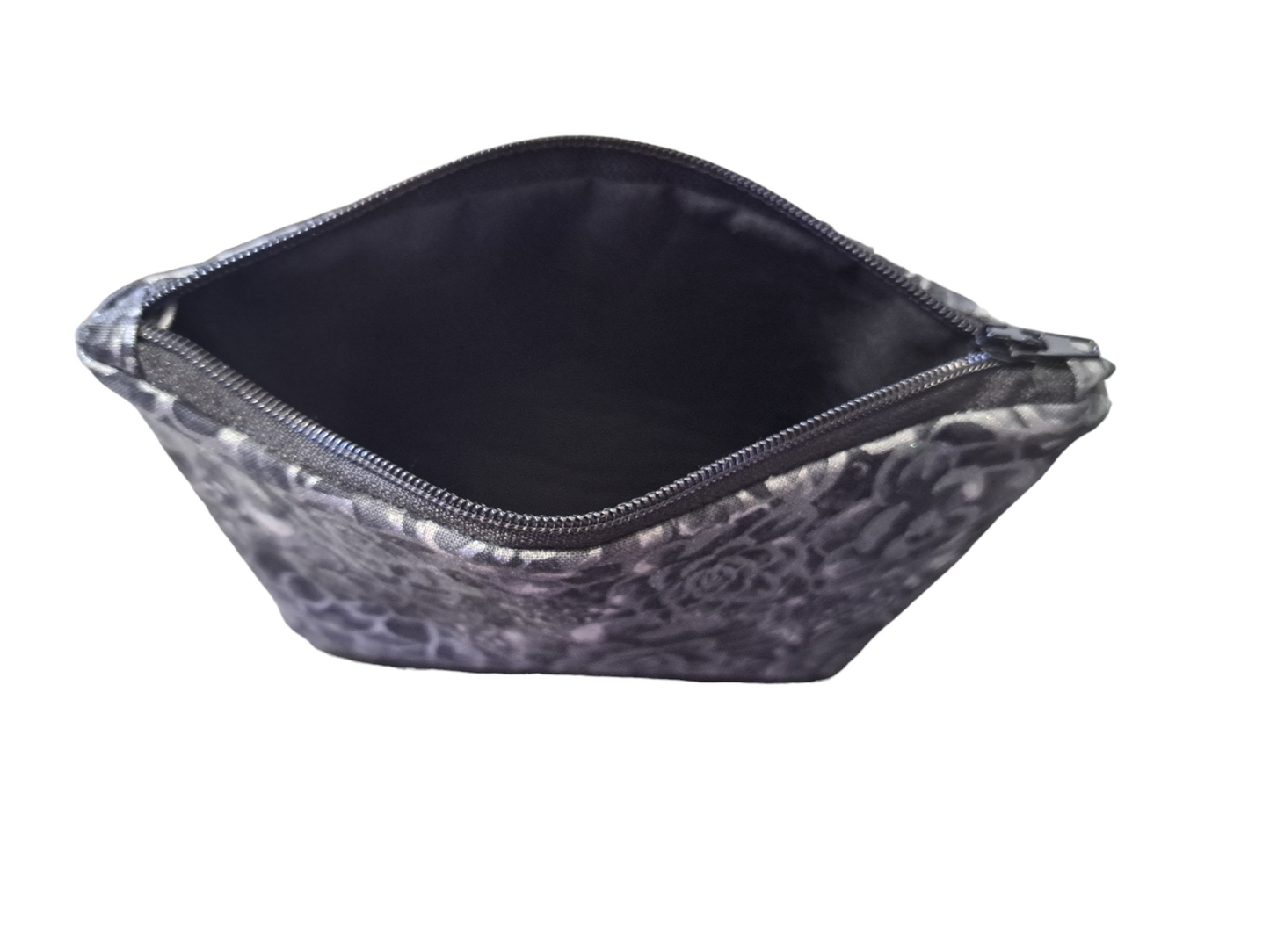 Black with Silver Flowers - Makeup Bag/ Cosmetic Pouch (Different sizes) - silver makeup bag, dog bandana, handmade pot holders, Scrunchies, pink makeup bag, Sachet, green cosmetic bag, make up bag green - Frances Farm & Craft, LLC