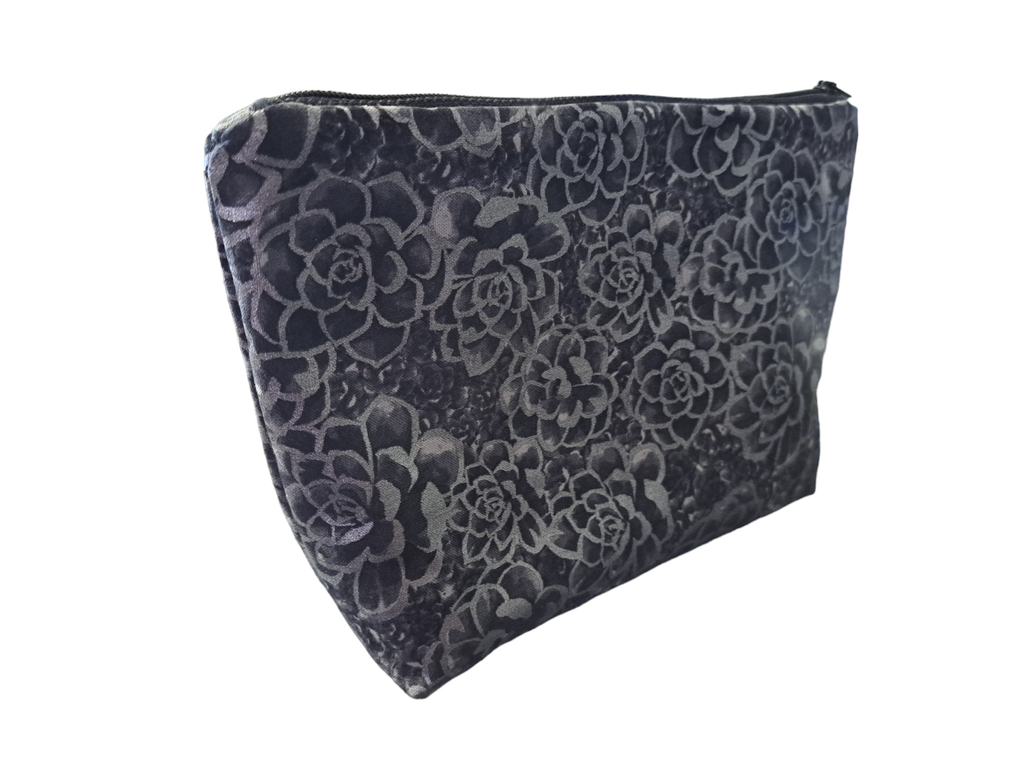 Black with Silver Flowers - Makeup Bag/ Cosmetic Pouch (Different sizes) - silver makeup bag, dog bandana, handmade pot holders, Scrunchies, pink makeup bag, Sachet, green cosmetic bag, make up bag green - Frances Farm & Craft, LLC