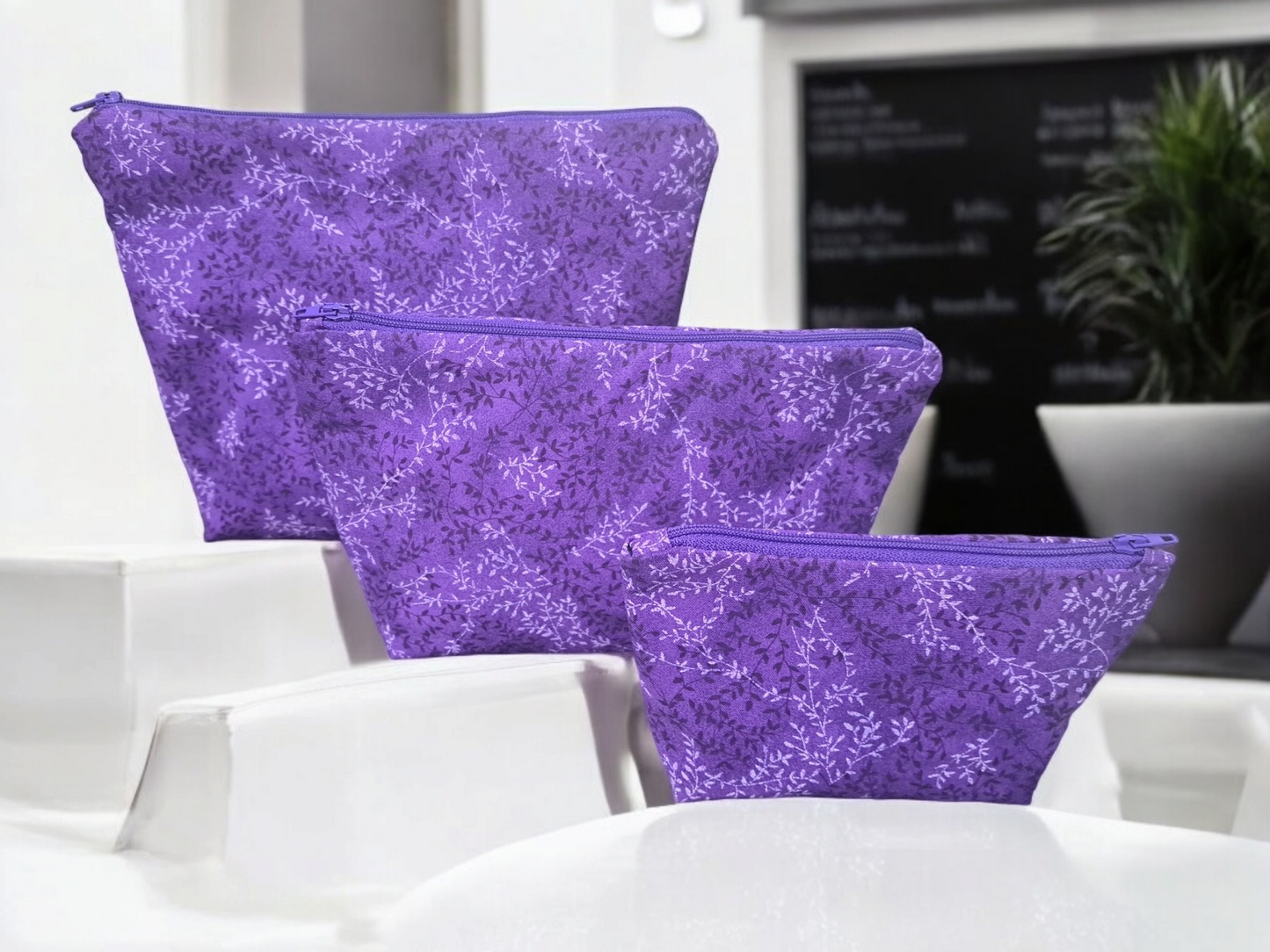 Purple with Leaves - Makeup Bag/ Cosmetic Pouch (Different Sizes) - silver makeup bag, dog bandana, handmade pot holders, Scrunchies, pink makeup bag, Sachet, green cosmetic bag, make up bag green - Frances Farm & Craft, LLC