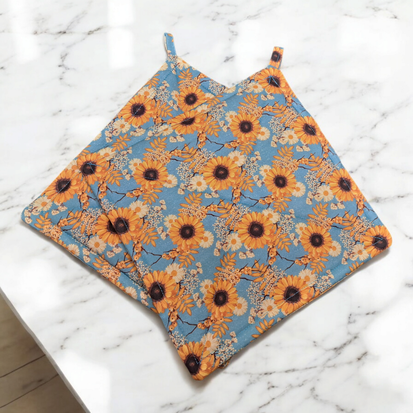 Fall Sunflowers - Pot Holders (Set of 2) - silver makeup bag, dog bandana, handmade pot holders, Scrunchies, pink makeup bag, Sachet, green cosmetic bag, make up bag green - Frances Farm & Craft, LLC