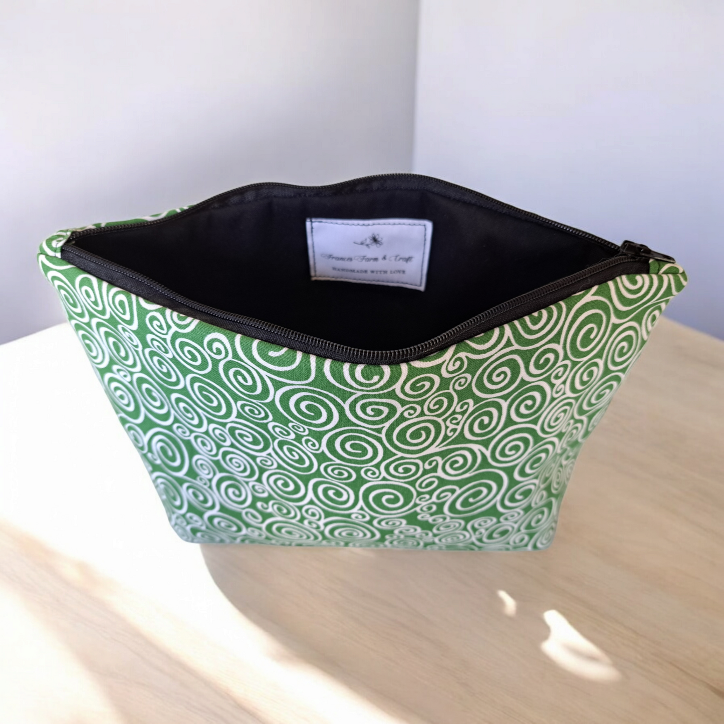 Green with White Swirls - Makeup Bag/ Cosmetic Pouch (Different sizes) - silver makeup bag, dog bandana, handmade pot holders, Scrunchies, pink makeup bag, Sachet, green cosmetic bag, make up bag green - Frances Farm & Craft, LLC