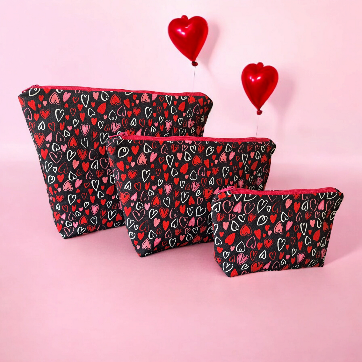 Hearts - Makeup Bag/ Cosmetic Pouch (Different Sizes) - silver makeup bag, dog bandana, handmade pot holders, Scrunchies, pink makeup bag, Sachet, green cosmetic bag, make up bag green - Frances Farm & Craft, LLC