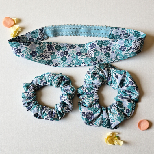 Hair Accessories Gift Set- Different Variations & Colors - silver makeup bag, dog bandana, handmade pot holders, Scrunchies, pink makeup bag, Sachet, green cosmetic bag, make up bag green - Frances Farm & Craft, LLC