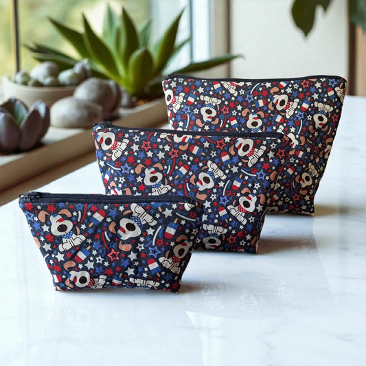 Star Spangled Puppy - Makeup Bag/ Cosmetic Bag (Different Sizes) - silver makeup bag, dog bandana, handmade pot holders, Scrunchies, pink makeup bag, Sachet, green cosmetic bag, make up bag green - Frances Farm & Craft, LLC