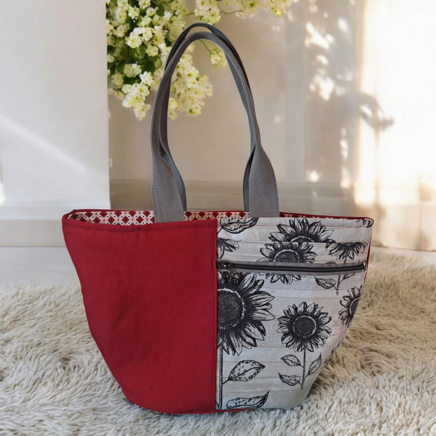 Red Sunflower - Tote Bag - silver makeup bag, dog bandana, handmade pot holders, Scrunchies, pink makeup bag, Sachet, green cosmetic bag, make up bag green - Frances Farm & Craft, LLC