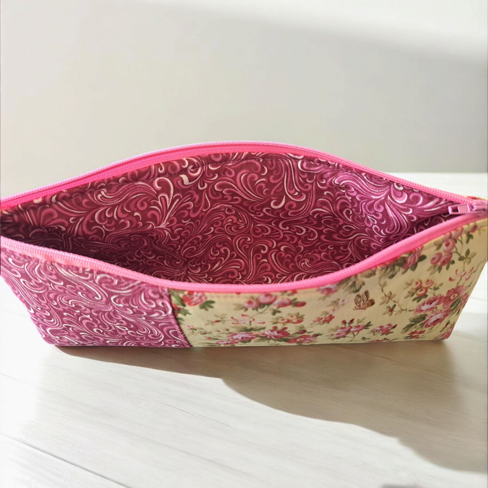 Sheep or Pink Roses - Pencil Pouch - silver makeup bag, dog bandana, handmade pot holders, Scrunchies, pink makeup bag, Sachet, green cosmetic bag, make up bag green - Frances Farm & Craft, LLC