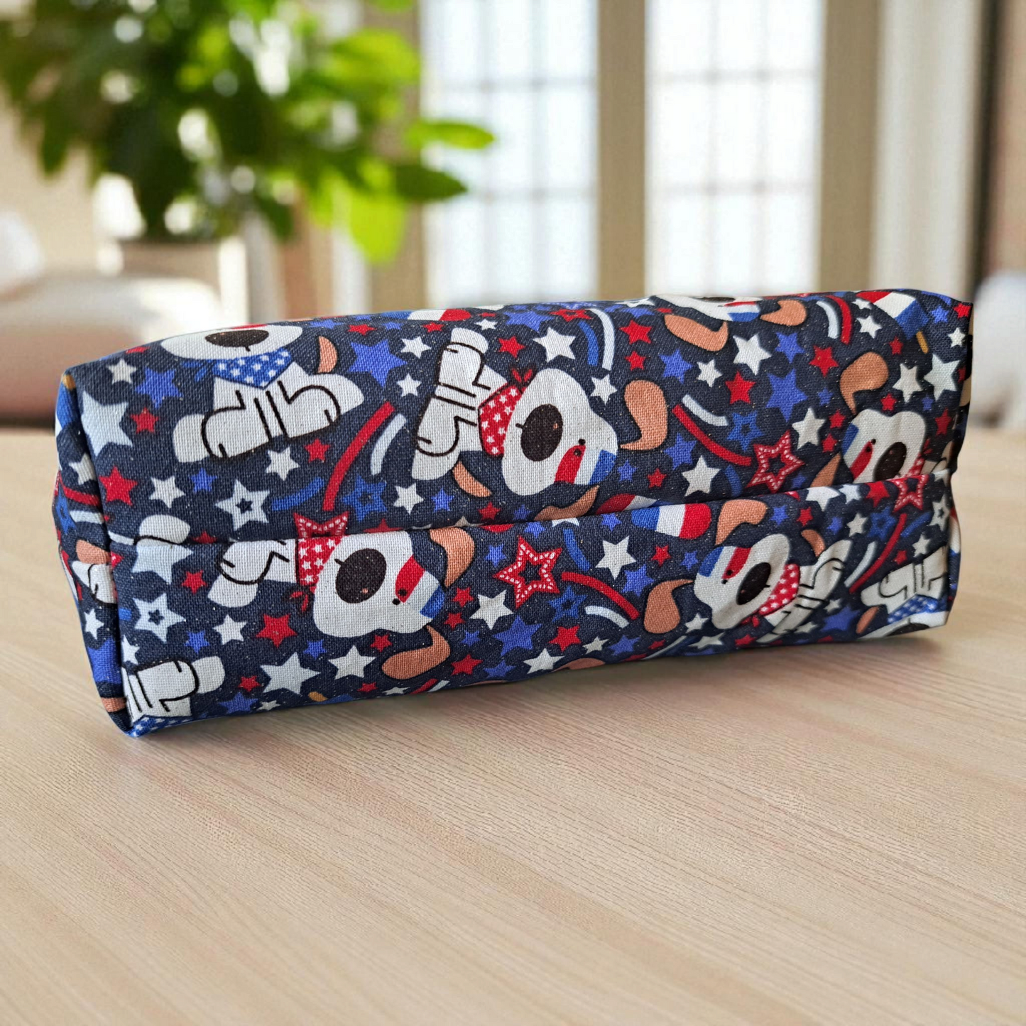 Star Spangled Puppy - Makeup Bag/ Cosmetic Bag (Different Sizes) - silver makeup bag, dog bandana, handmade pot holders, Scrunchies, pink makeup bag, Sachet, green cosmetic bag, make up bag green - Frances Farm & Craft, LLC