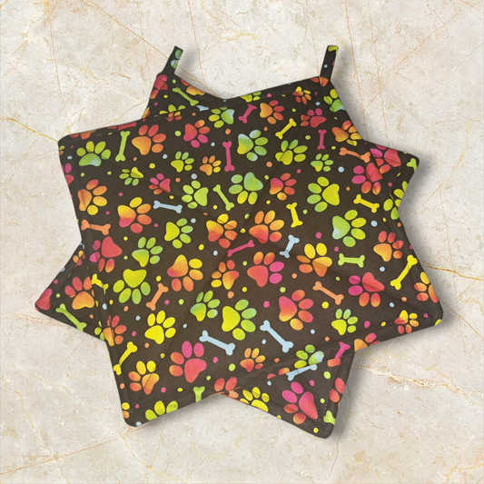 Neon Colored Paws - Pot Holders (Set of 2) - silver makeup bag, dog bandana, handmade pot holders, Scrunchies, pink makeup bag, Sachet, green cosmetic bag, make up bag green - Frances Farm & Craft, LLC