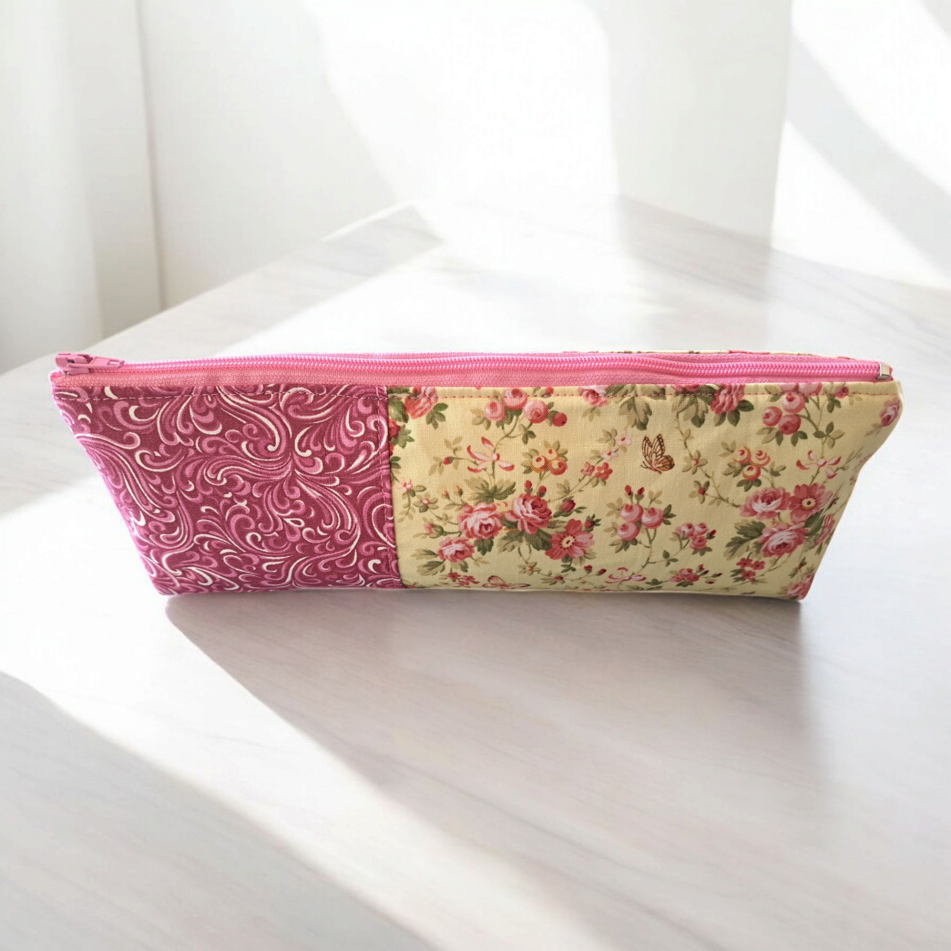 Sheep or Pink Roses - Pencil Pouch - silver makeup bag, dog bandana, handmade pot holders, Scrunchies, pink makeup bag, Sachet, green cosmetic bag, make up bag green - Frances Farm & Craft, LLC