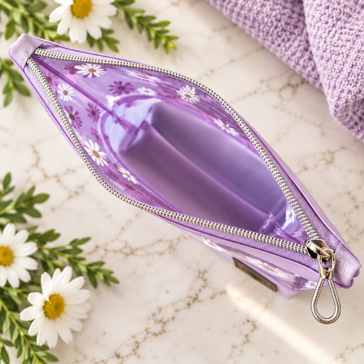 Purple Daisy Vinyl Cosmetic Bag