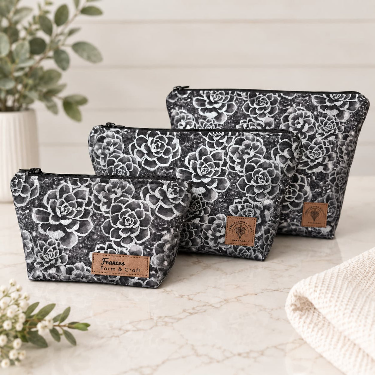 Black with Silver Flowers - Makeup Bag/ Cosmetic Pouch (Different sizes)