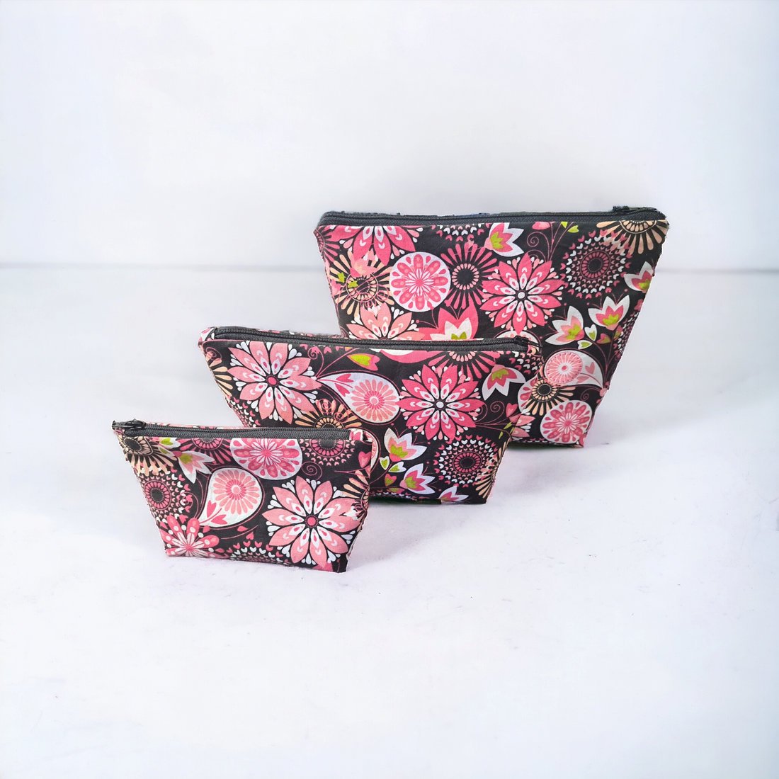 Pink Flowers - Makeup Bag/ Cosmetic Pouch (Different Sizes) - silver makeup bag, handmade pot holders, natural body lotion, loofah goat milk soap, cosmetic bag, handmade bags, purse - Frances Farm &amp; Craft, LLC
