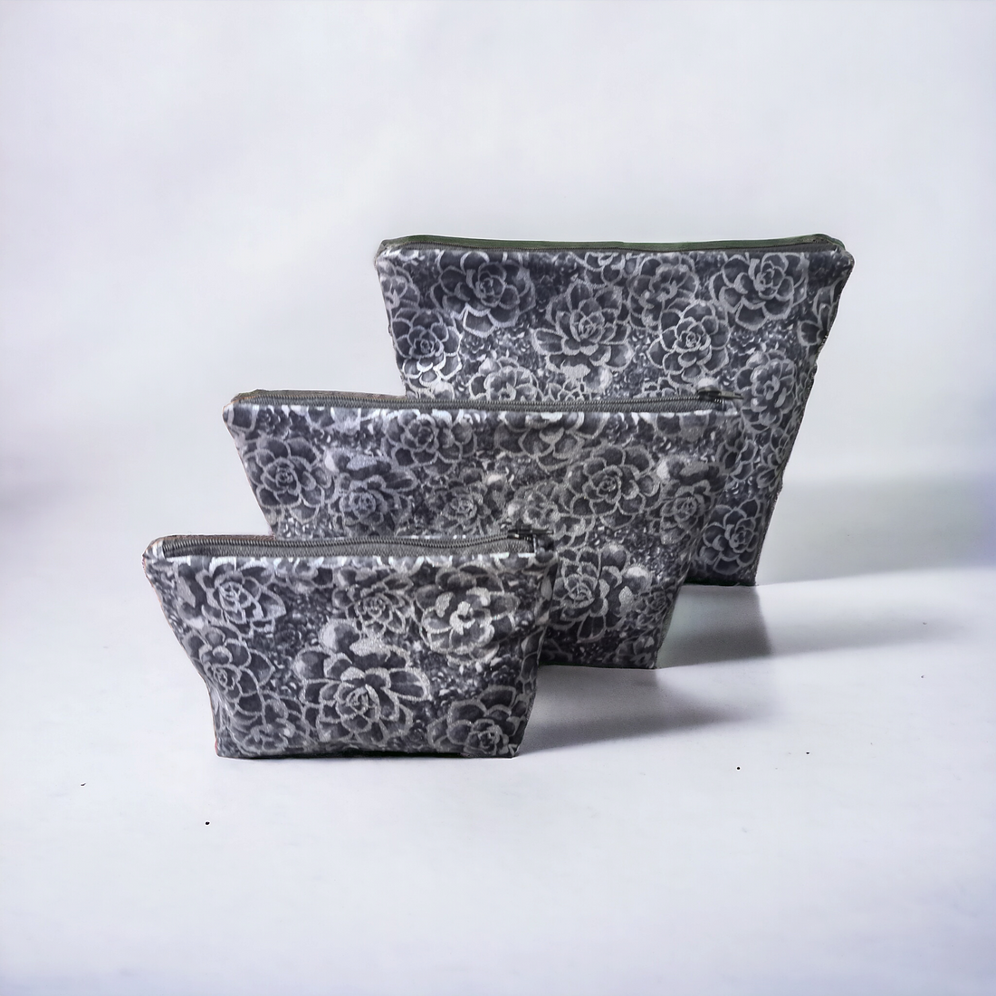 Black with Silver Flowers - Makeup Bag/ Cosmetic Pouch (Different sizes) - silver makeup bag, handmade pot holders, natural body lotion, loofah goat milk soap, cosmetic bag, handmade bags, purse - Frances Farm &amp; Craft, LLC