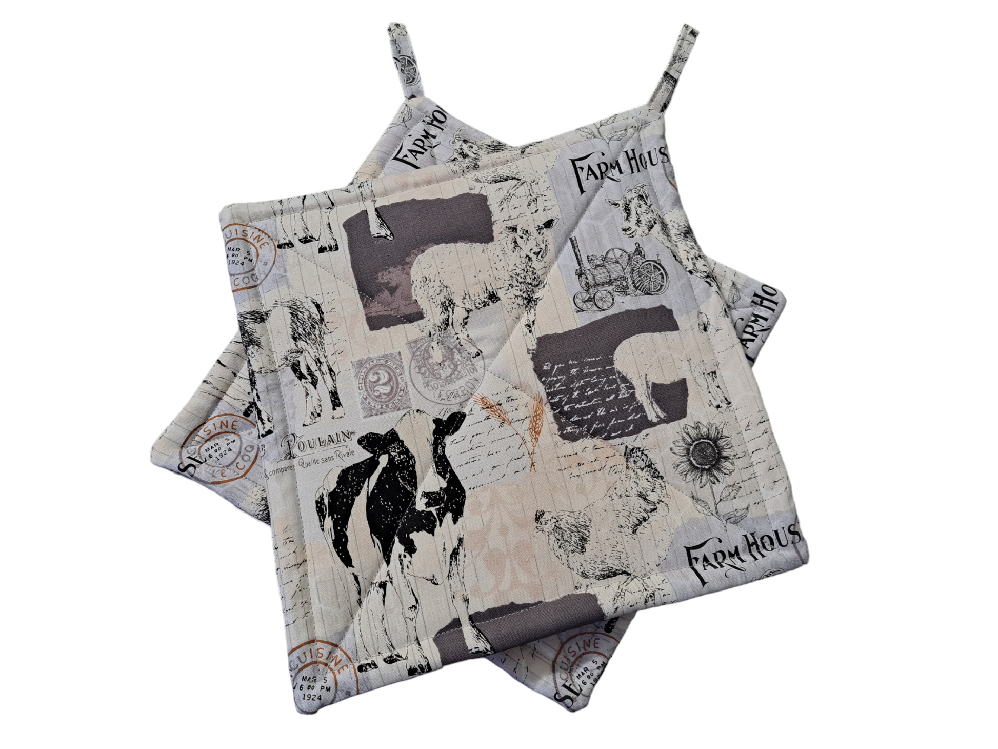 Farmhouse - Pot Holders (Set of 2) - silver makeup bag, dog bandana, handmade pot holders, Scrunchies, pink makeup bag, Sachet, green cosmetic bag, make up bag green - Frances Farm & Craft, LLC