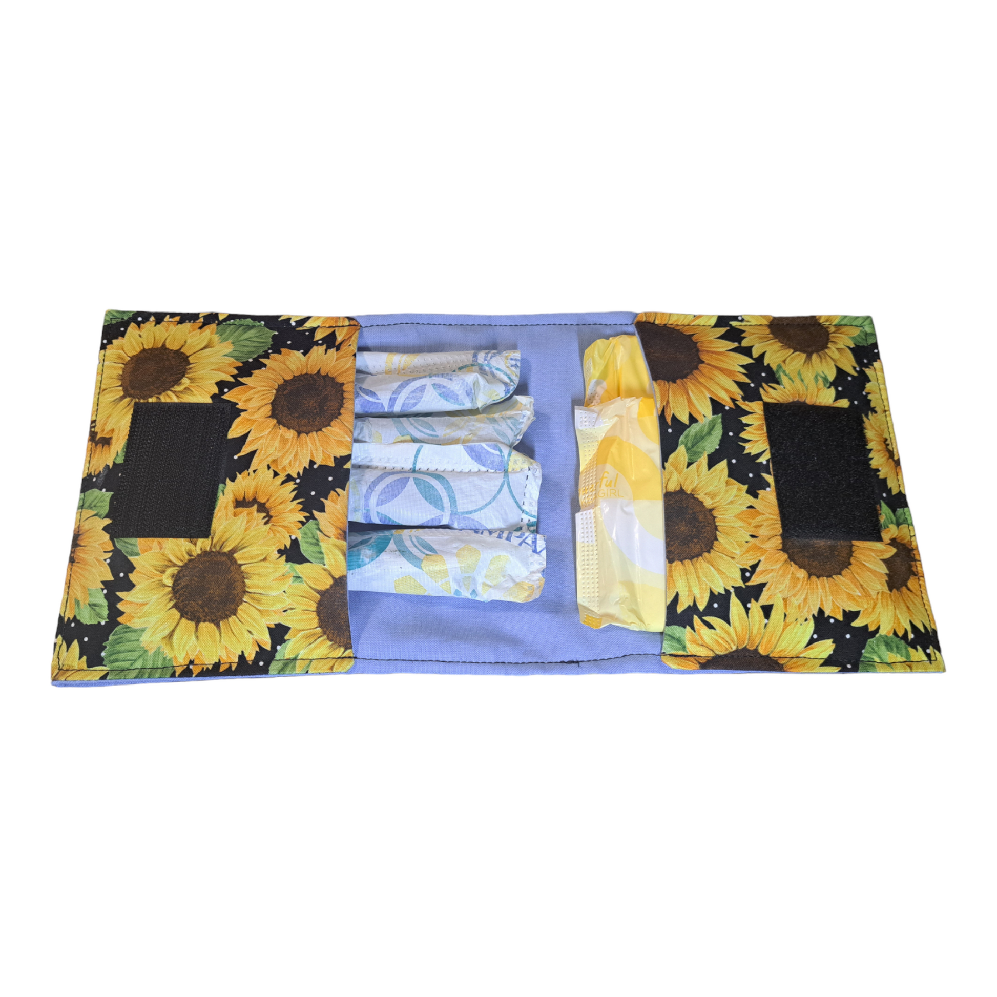 Tampon Pouch - Sunflowers - silver makeup bag, dog bandana, handmade pot holders, Scrunchies, pink makeup bag, Sachet, green cosmetic bag, make up bag green - Frances Farm & Craft, LLC