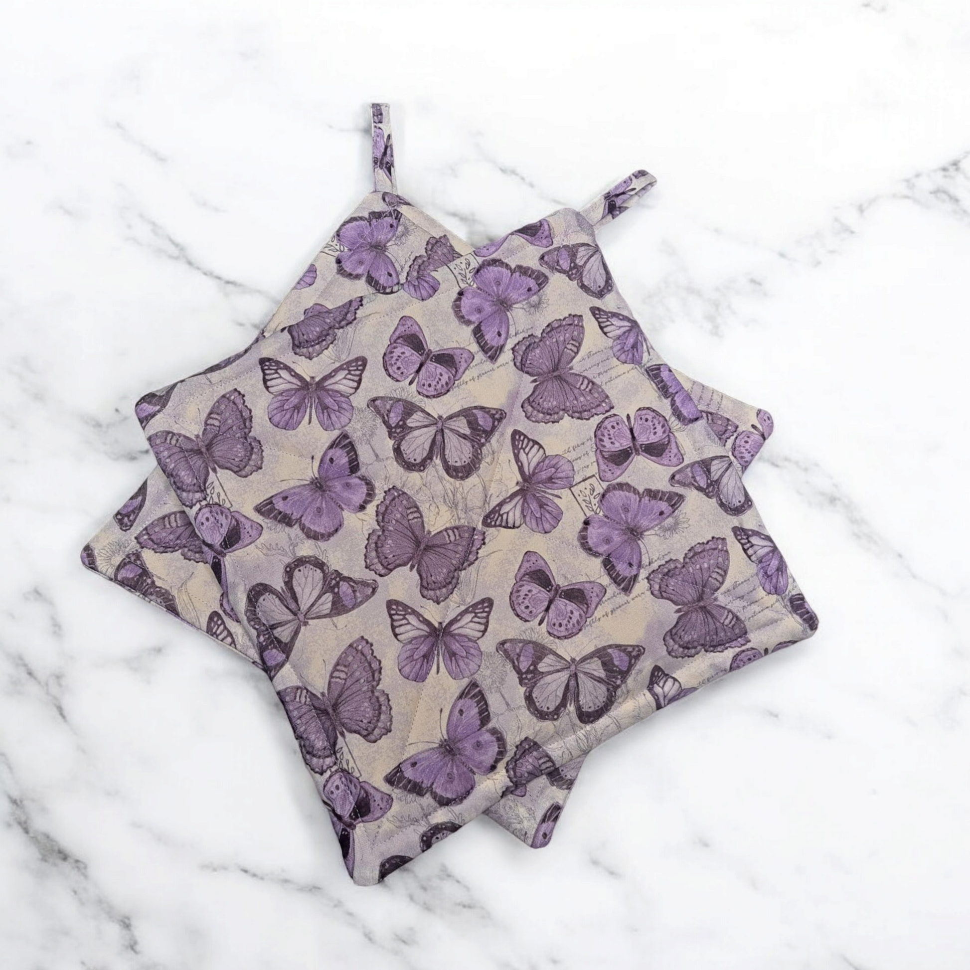 Purple Butterfly - Pot Holders (Set of 2) - silver makeup bag, dog bandana, handmade pot holders, Scrunchies, pink makeup bag, Sachet, green cosmetic bag, make up bag green - Frances Farm & Craft, LLC