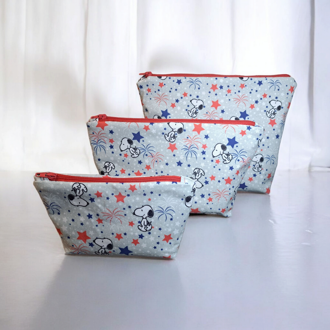 Snoopy &amp; Stars - Makeup Bag/ Cosmetic Pouch (Different Sizes) - silver makeup bag, handmade pot holders, natural body lotion, loofah goat milk soap, cosmetic bag, handmade bags, purse - Frances Farm &amp; Craft, LLC