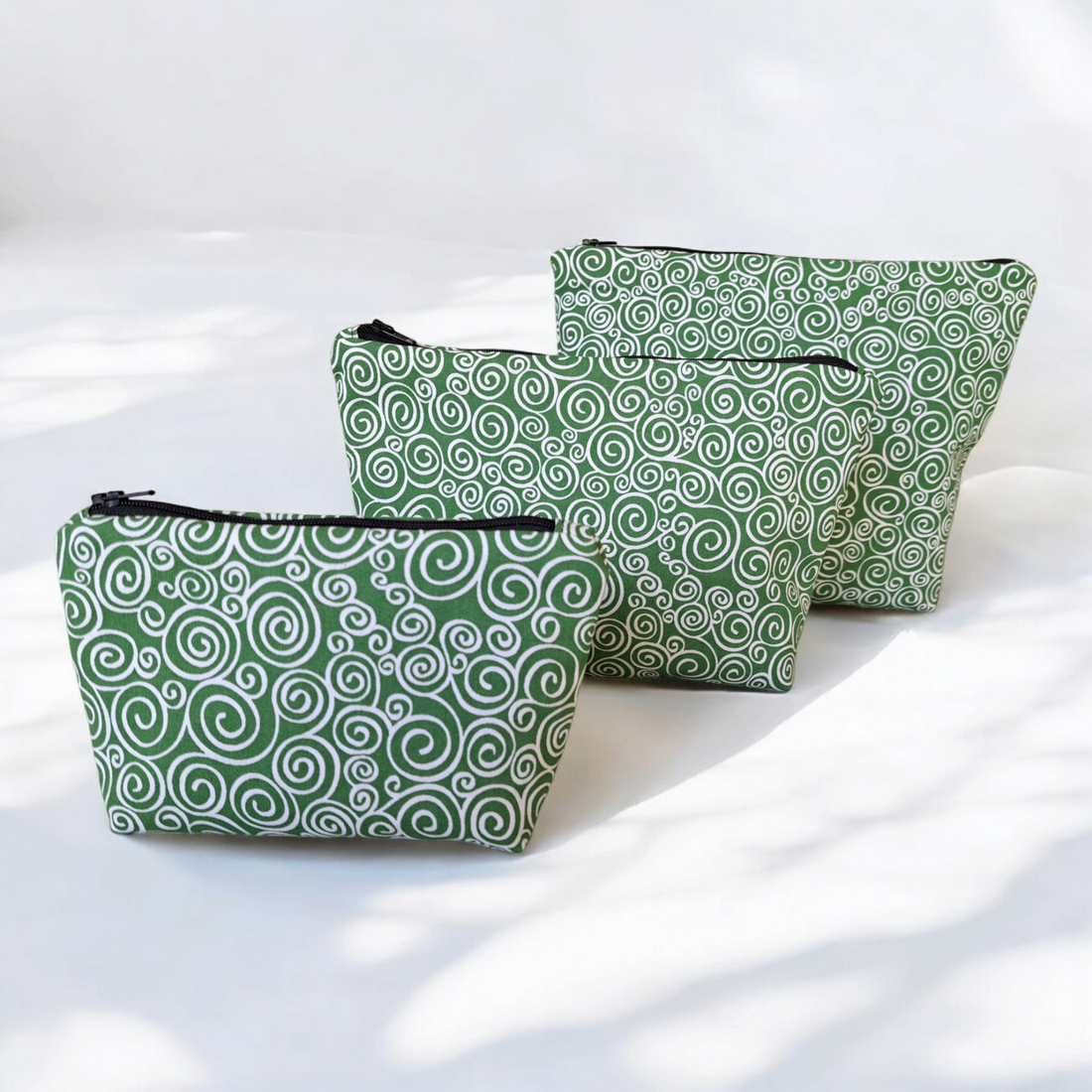 Green with White Swirls - Makeup Bag/ Cosmetic Pouch (Different sizes) - silver makeup bag, handmade pot holders, natural body lotion, loofah goat milk soap, cosmetic bag, handmade bags, purse - Frances Farm &amp; Craft, LLC