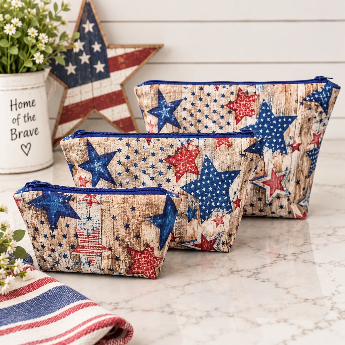 Patriotic &amp; Rustic - Makeup Bag/ Cosmetic Pouch ( Different Sizes)