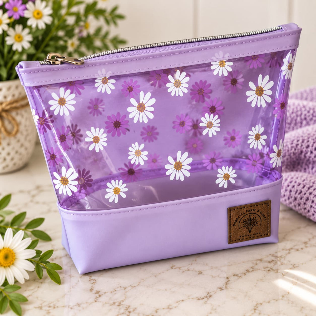 Purple Daisy Vinyl Cosmetic Bag