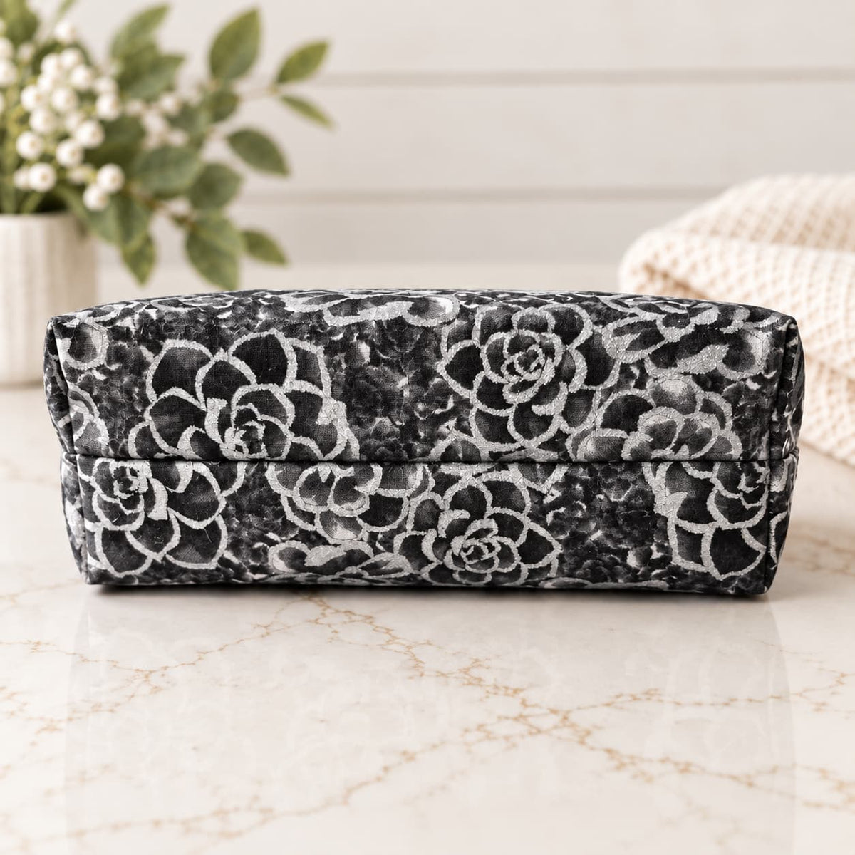 Black with Silver Flowers - Makeup Bag/ Cosmetic Pouch (Different sizes)