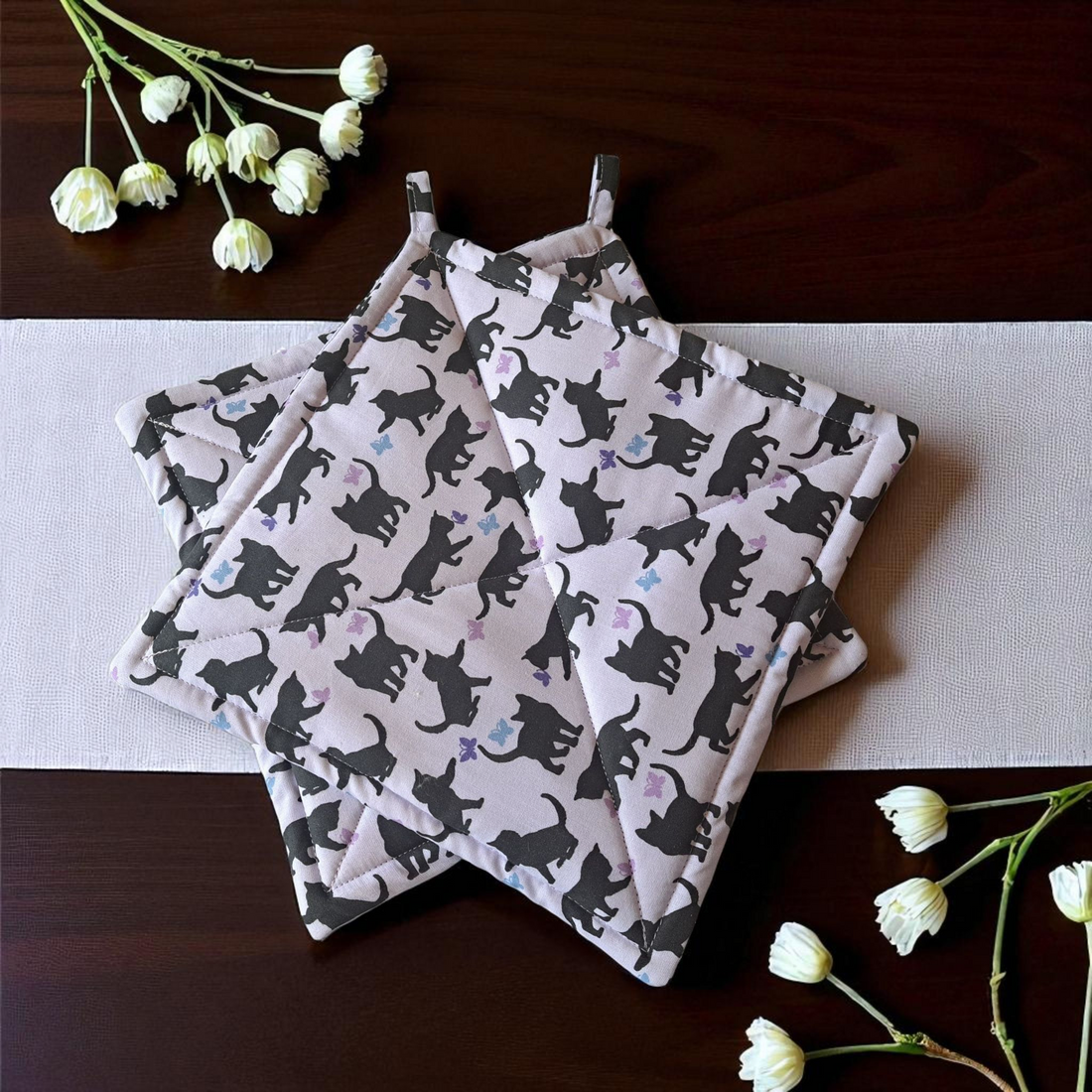 Cats &amp; Butterflies - Pot Holders (Set of 2) - silver makeup bag, handmade pot holders, natural body lotion, loofah goat milk soap, cosmetic bag, handmade bags, purse - Frances Farm &amp; Craft, LLC
