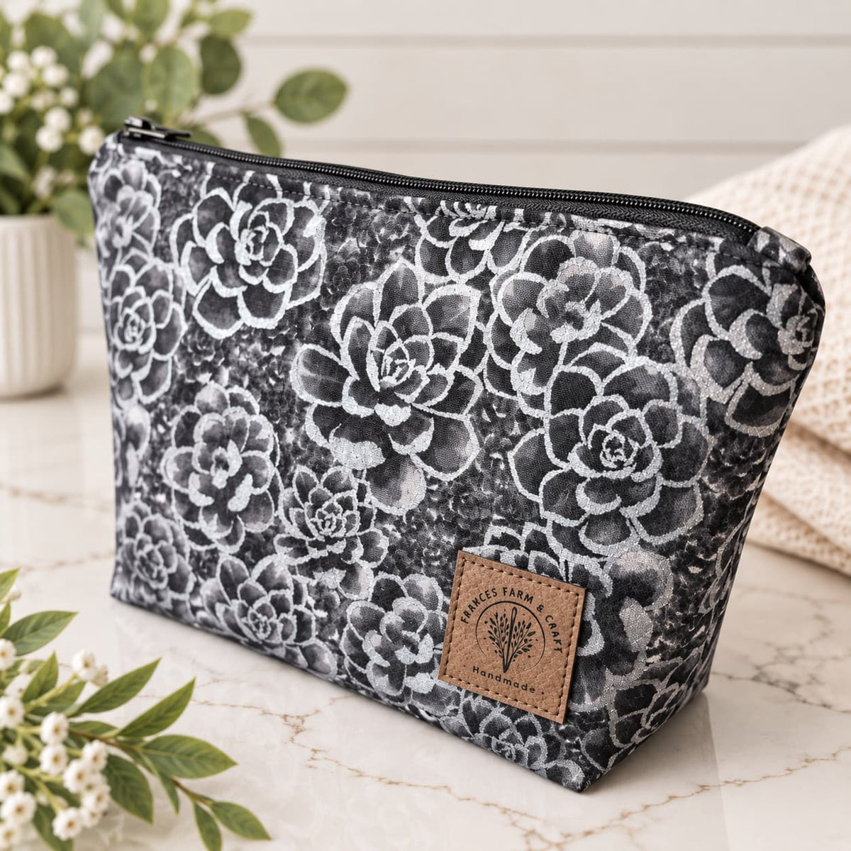 Black with Silver Flowers - Makeup Bag/ Cosmetic Pouch (Different sizes)