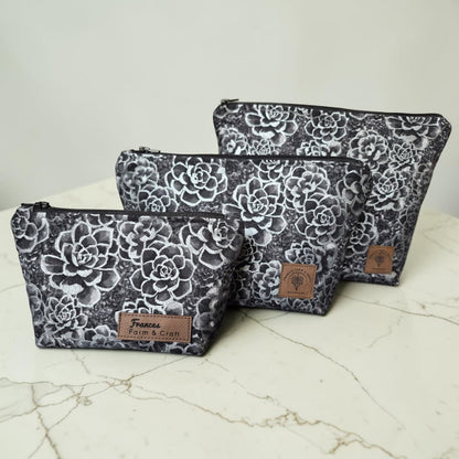 Black with Silver Flowers - Makeup Bag/ Cosmetic Pouch (Different sizes)