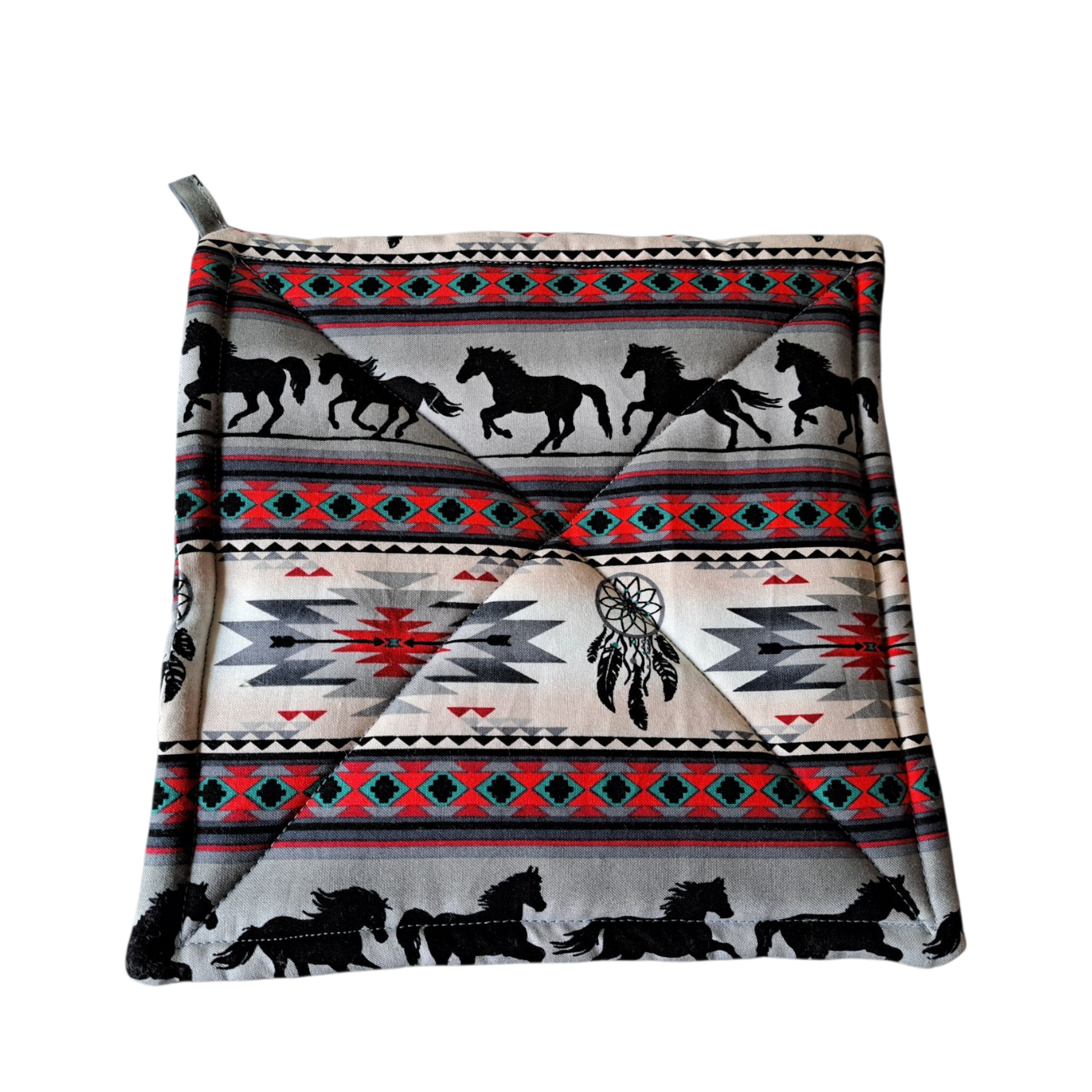 Dreamcatcher Horses - Pot Holders (Set of 2) - silver makeup bag, dog bandana, handmade pot holders, Scrunchies, pink makeup bag, Sachet, green cosmetic bag, make up bag green - Frances Farm & Craft, LLC
