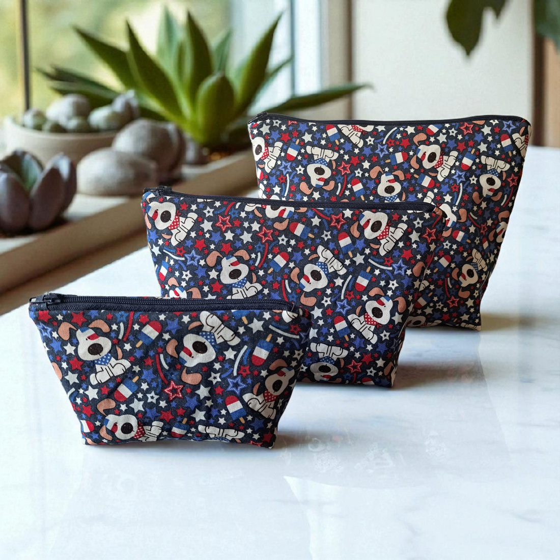 Star Spangled Puppy - Makeup Bag/ Cosmetic Bag (Different Sizes) - silver makeup bag, handmade pot holders, natural body lotion, loofah goat milk soap, cosmetic bag, handmade bags, purse - Frances Farm &amp; Craft, LLC