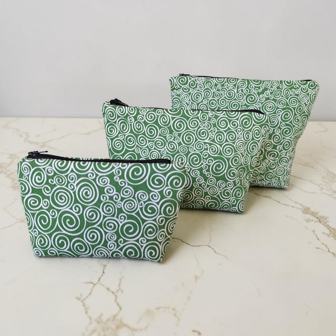 Green with White Swirls - Makeup Bag/ Cosmetic Pouch (Different sizes)
