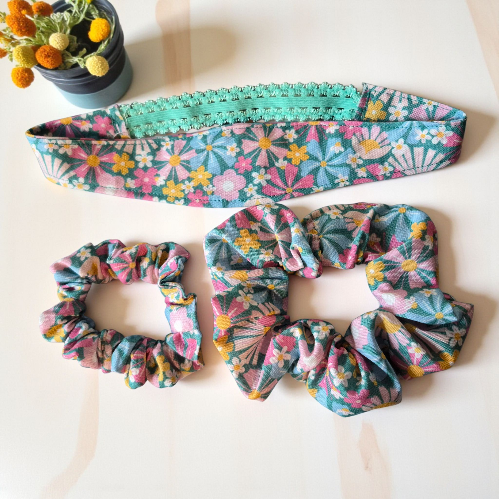 Hair Accessories Gift Set- Different Variations & Colors - silver makeup bag, dog bandana, handmade pot holders, Scrunchies, pink makeup bag, Sachet, green cosmetic bag, make up bag green - Frances Farm & Craft, LLC