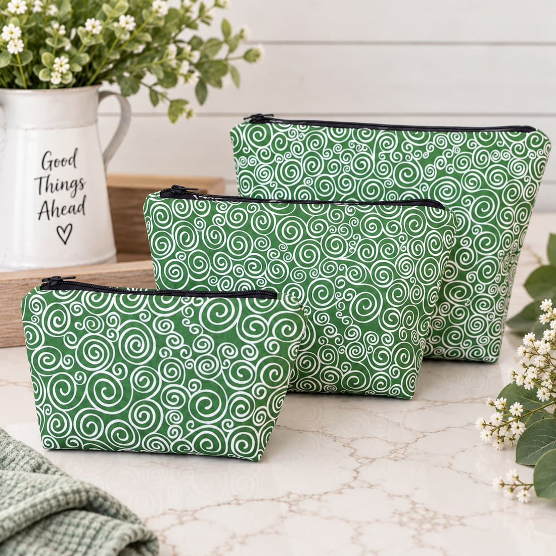 Green with White Swirls - Makeup Bag/ Cosmetic Pouch (Different sizes)
