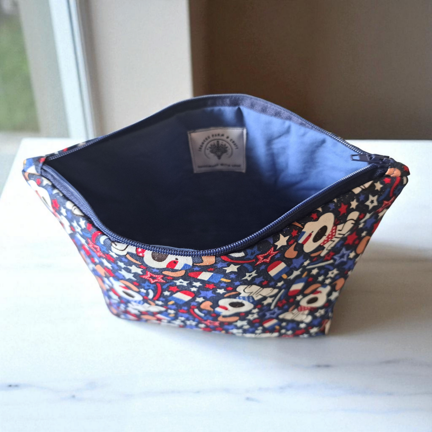 Star Spangled Puppy - Makeup Bag/ Cosmetic Bag (Different Sizes) - silver makeup bag, dog bandana, handmade pot holders, Scrunchies, pink makeup bag, Sachet, green cosmetic bag, make up bag green - Frances Farm & Craft, LLC