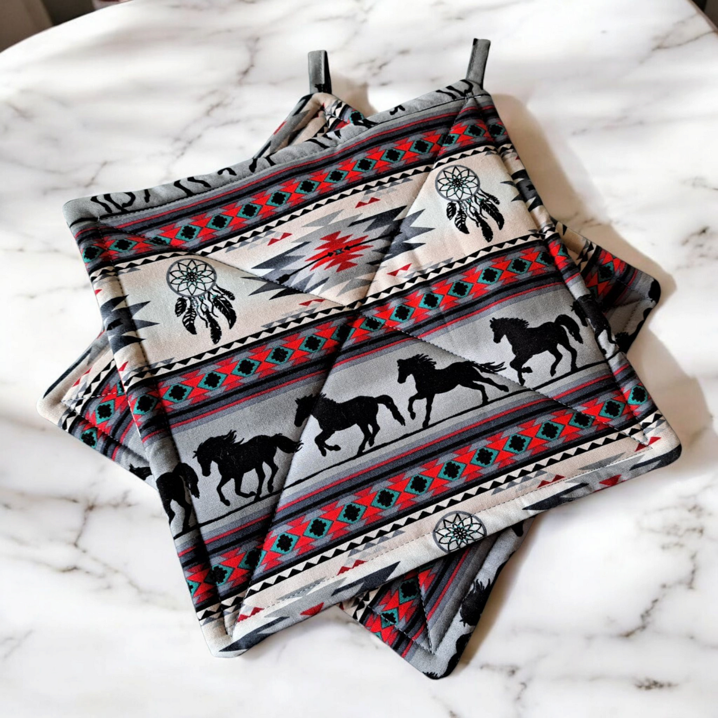 Dreamcatcher Horses - Pot Holders (Set of 2) - silver makeup bag, dog bandana, handmade pot holders, Scrunchies, pink makeup bag, Sachet, green cosmetic bag, make up bag green - Frances Farm & Craft, LLC