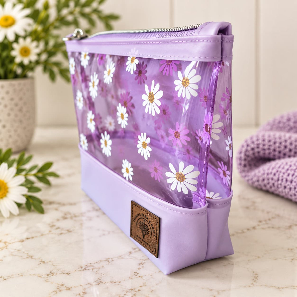 Purple Daisy Vinyl Cosmetic Bag