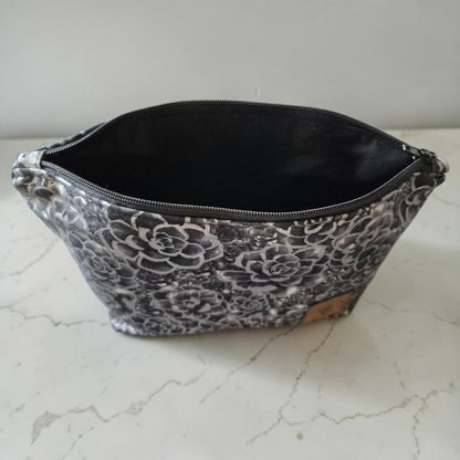 Black with Silver Flowers - Makeup Bag/ Cosmetic Pouch (Different sizes)