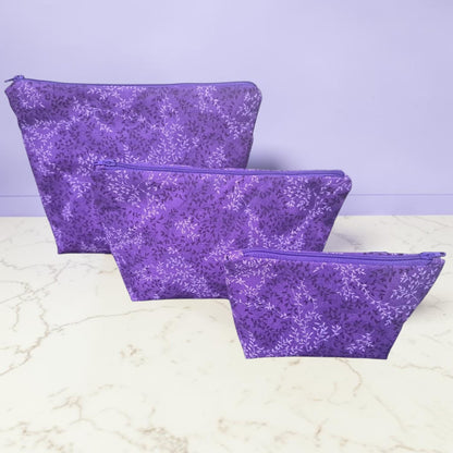 Purple with Leaves - Makeup Bag/ Cosmetic Pouch (Different Sizes)