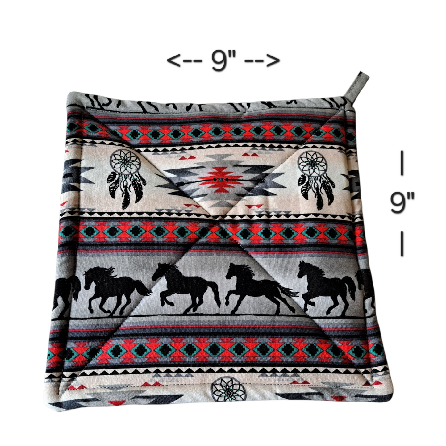 Dreamcatcher Horses - Pot Holders (Set of 2) - silver makeup bag, dog bandana, handmade pot holders, Scrunchies, pink makeup bag, Sachet, green cosmetic bag, make up bag green - Frances Farm & Craft, LLC