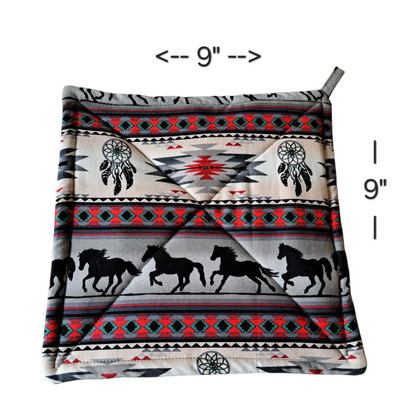 Dreamcatcher Horses - Pot Holders (Set of 2) - silver makeup bag, dog bandana, handmade pot holders, Scrunchies, pink makeup bag, Sachet, green cosmetic bag, make up bag green - Frances Farm & Craft, LLC