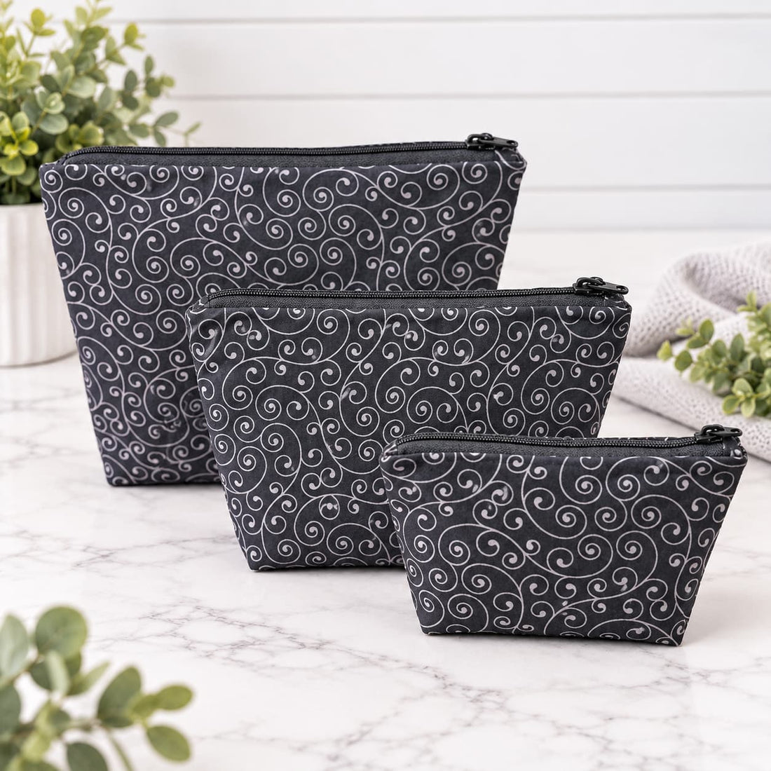 Black with Silver Swirls - Makeup Bag/ Cosmetic Pouch (Different Sizes)