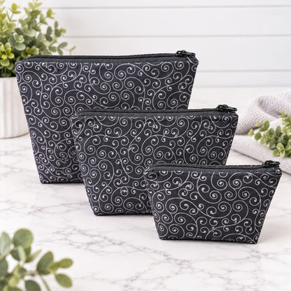 Black with Silver Swirls - Makeup Bag/ Cosmetic Pouch (Different Sizes)