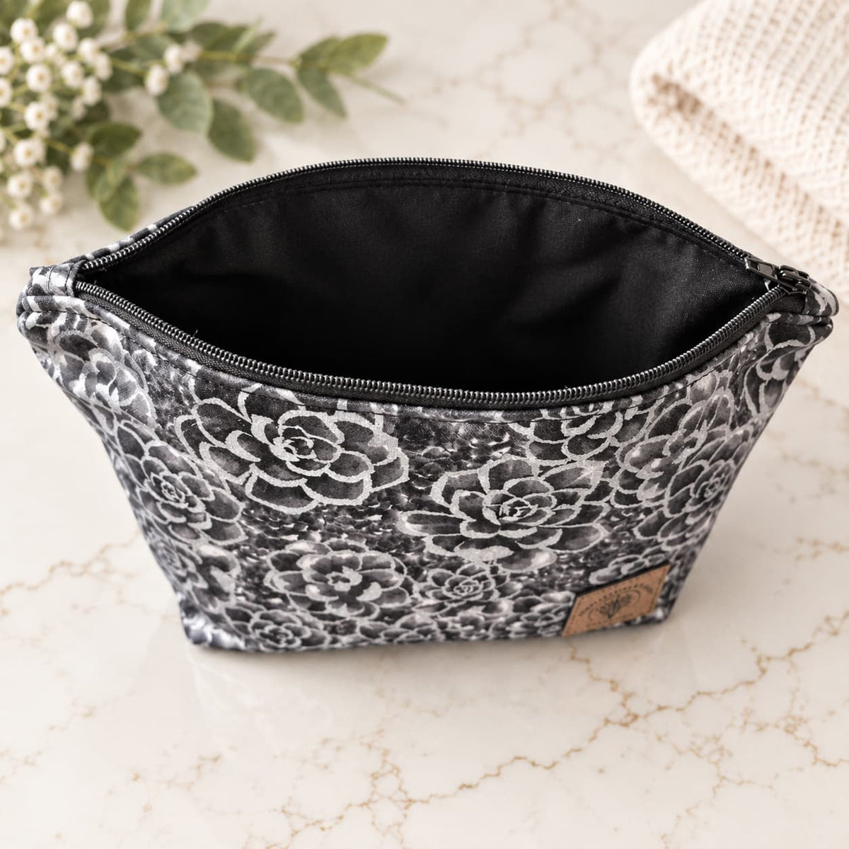 Black with Silver Flowers - Makeup Bag/ Cosmetic Pouch (Different sizes)
