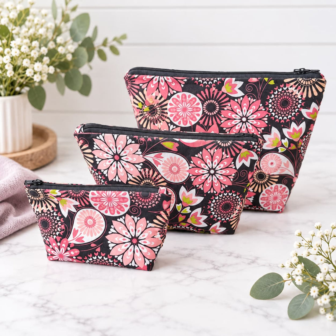 Pink Flowers - Makeup Bag/ Cosmetic Pouch (Different Sizes)