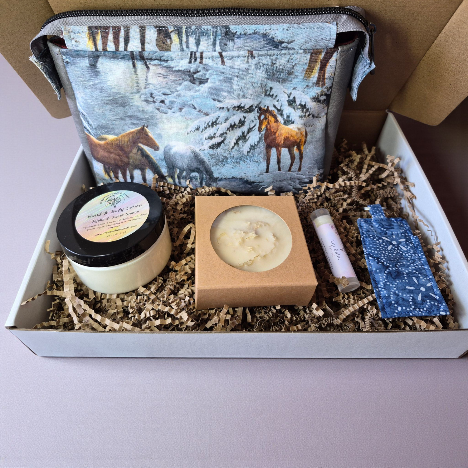 Horses Wonderland - Gift Set - silver makeup bag, handmade pot holders, natural body lotion, loofah goat milk soap, cosmetic bag, handmade bags, purse - Frances Farm &amp; Craft, LLC