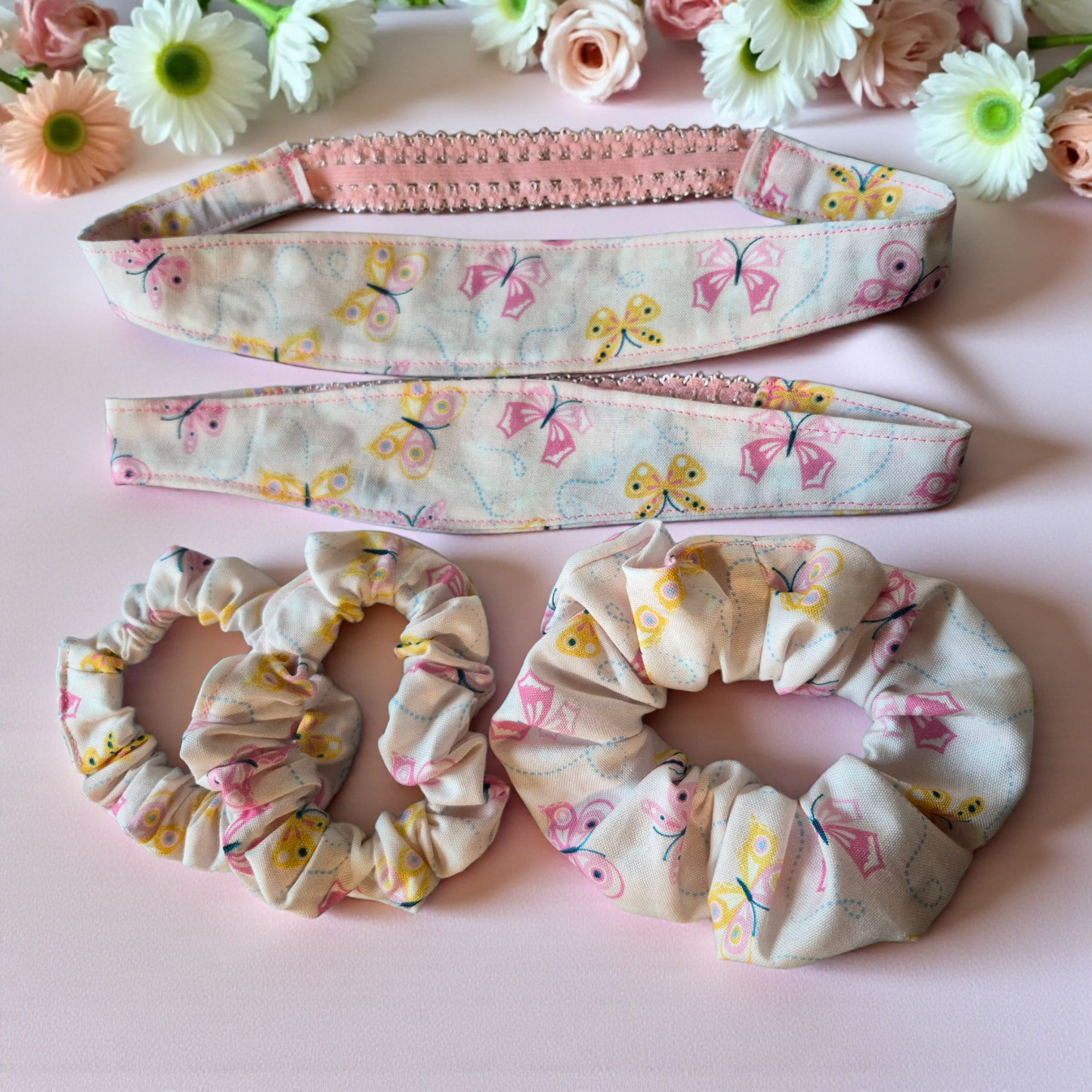 Hair Accessories Gift Set- Different Variations & Colors - silver makeup bag, dog bandana, handmade pot holders, Scrunchies, pink makeup bag, Sachet, green cosmetic bag, make up bag green - Frances Farm & Craft, LLC