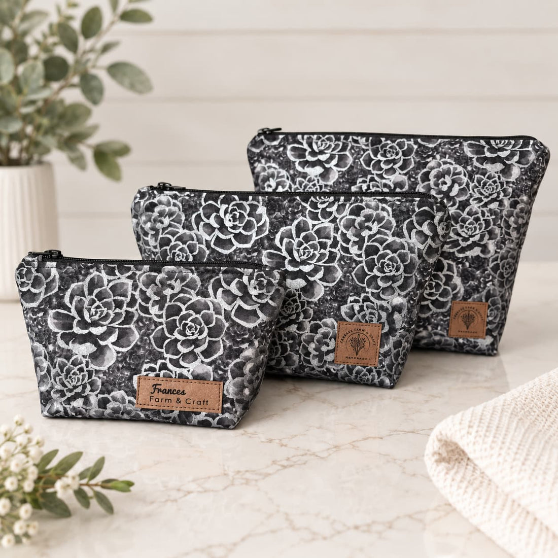 Black with Silver Flowers - Makeup Bag/ Cosmetic Pouch (Different sizes)